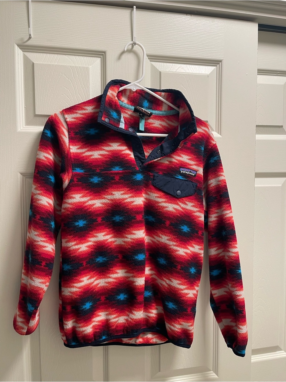 Patagonia Red Aztec Snap-T Pullover with Blue Accents
